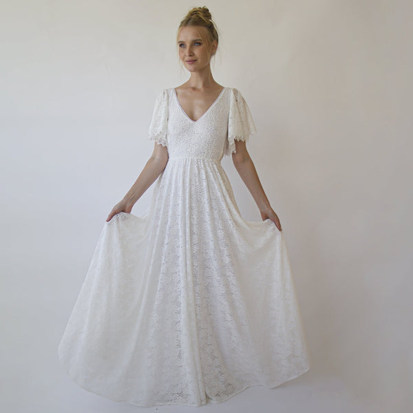 Open Back Wedding Dress, Lace Short Sleeves Bridal Dress #1360