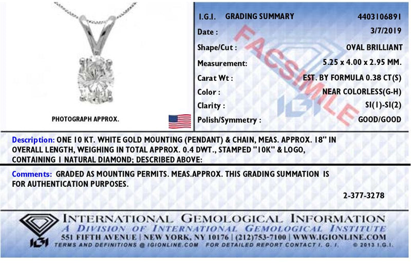 IGI Certified 10K White Gold 3/8 Cttw Prong Set Diamond Oval Pendant Necklace (I-J Color, I1 Clarity) - Size 18"