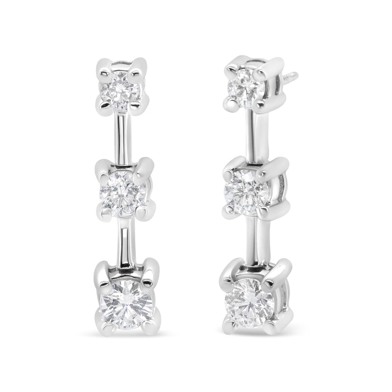 14K Yellow Gold 1/2 Cttw Round Diamond 3 Stone Graduated Linear Drop Past, Present and Future Stud Earrings (H-I Color,