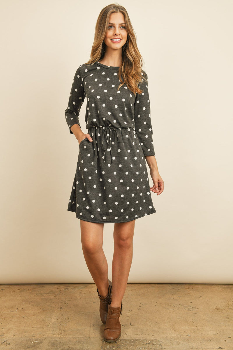 Polka Dot Print French Terry Cinch Waist Tie Front Dress With Pockets