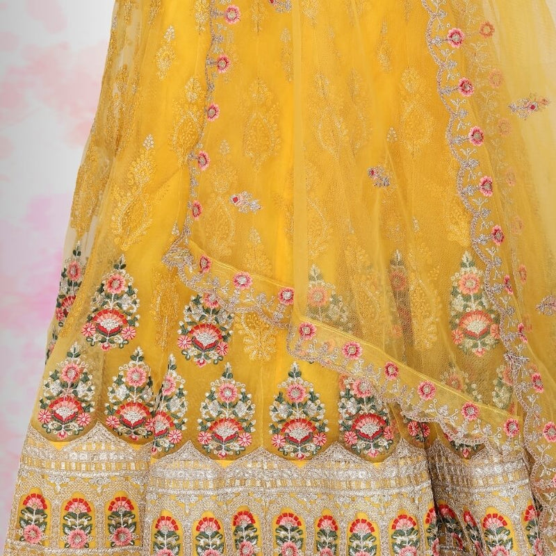 Yellow Pure Net Lehenga Choli With Multicolor Embroidery