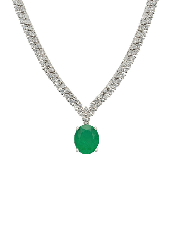 Garbo Oval Gemstone Tennis Necklace Emerald Silver