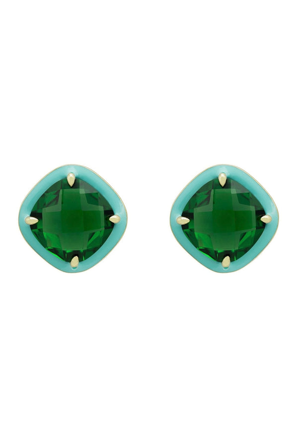 Enamel & Emerald Gemstone Cushion Stud Earrings Gold