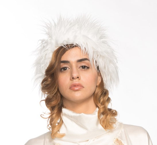 A white shaggy fur hat