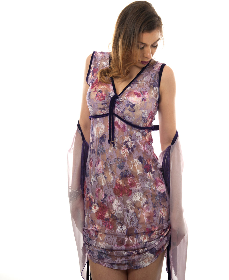 Purple Haze lace dress with floral pink and purple print.