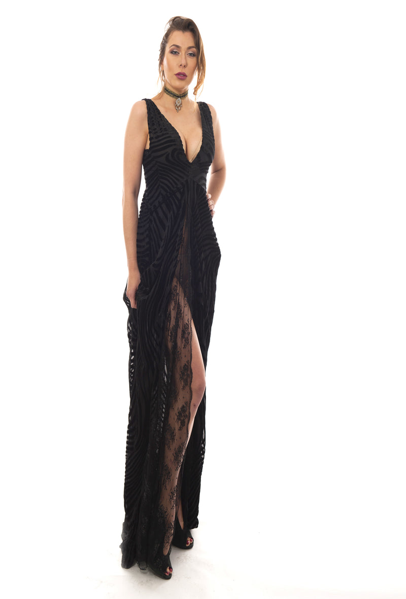 Silk Burnt velvet gown with a deep frontal slit opening