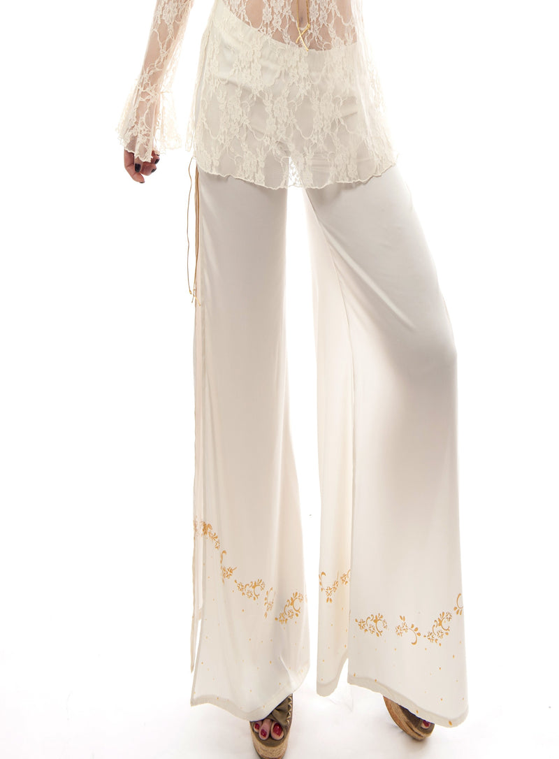 Bohemian style Silk wide pants with a large side slit and elastic waist